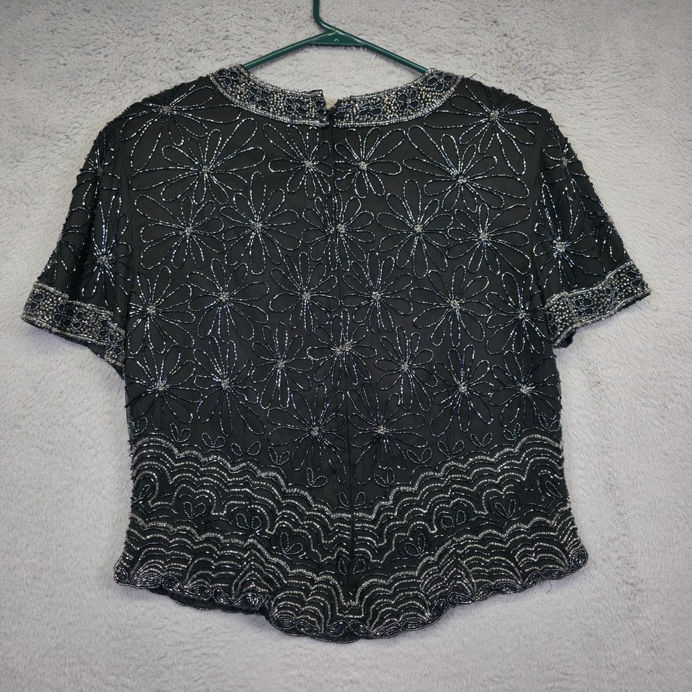 Vintage Papell Boutique Evening Top Womens L Black Silk Beaded Formal Glam Party - Picture 3 of 16